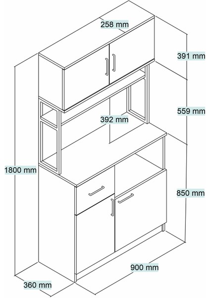 MTD0102 Inci 90 cm Kapaklı Çekmeceli Raflı Mutfak Dolabı Çam