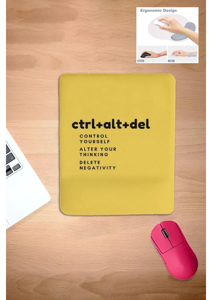 Sarı, Kare, Ctrl, Yazılı, Baskılı Bilek Destekli Mouse Pad, Ergonomik Bilgisayar Laptop Aksesuarı