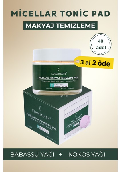Micellar Makyaj Temizleme Pedi Nemlendirici Babassu Yağı ve Hindistan Cevizi Yağı 40 Adet Ped