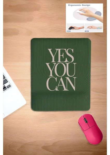 Yes You Can!, Yeşil Kare, Bilek Destekli Konforlu Mouse Pad, Laptop Bilgisayar Aksesuarı