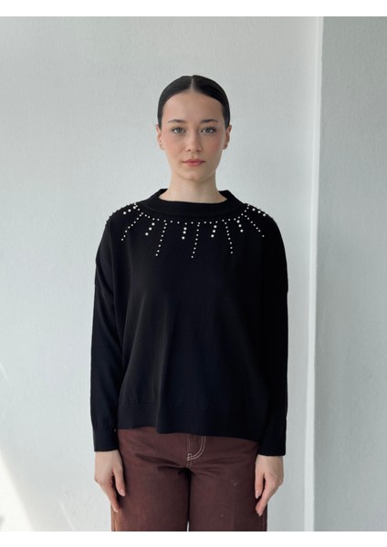 Tasarım Inci Detaylı Retro Triko Üst Kadın Siyah fiyatları