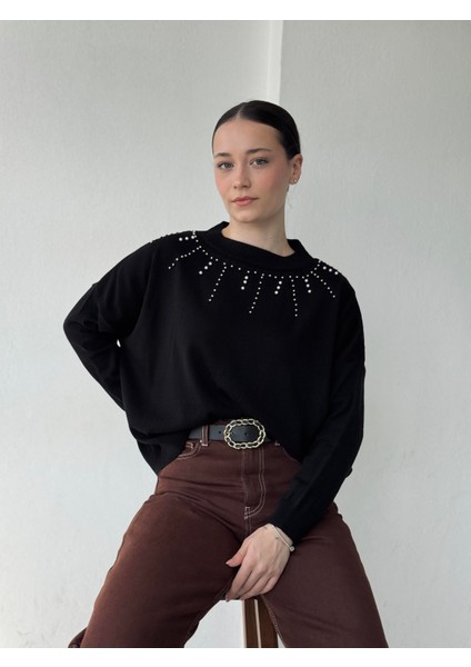 Tasarım Inci Detaylı Retro Triko Üst Kadın Siyah modelleri