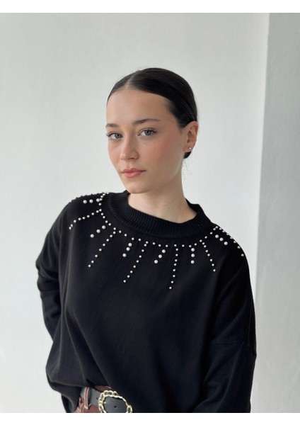 Tasarım Inci Detaylı Retro Triko Üst Kadın Siyah indirimleri