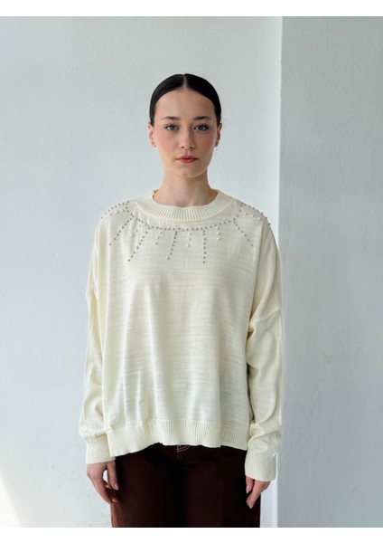 Tasarım Inci Detaylı Retro Triko Üst Kadın Ekru indirimleri