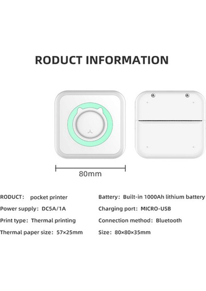 Mini Taşınabilir Termal Yazıcı Kablosuz Bluetooth Yazıcı Termal Kağıt + Renkli Kalem ile Çok Fonksiyonlu Etiket Yazıcısı A (Yurt Dışından)