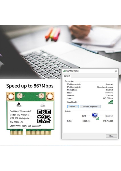 1200 Mbps Bluetooth 4.2 Mini Pcı-E Wifi Kartı -AC7265 Kablosuz Ağ Kartı 7265 802.11AC 2.4g 5 Ghz Dizüstü Bilgisayar Için 7260HMW (Yurt Dışından)