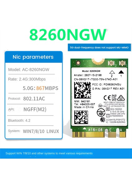 8260 8260NGW Wifi Kartı + 2X8DB Anten 2.4g/5 Ghz 867 M Bluetooth 4.2 Ngff M.2 Wifi Kablosuz Kart Modülü Ac 8260 Için (Yurt Dışından)