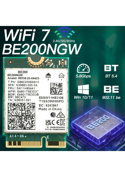 Wıfı 7 BE200 BE200NGW Wifi Kartı + Anten Bt 5.4 802.11AX Tri-Band M.2 Ngff WIN10/11 Için Kablosuz Ağ Adaptörü (Yurt Dışından)