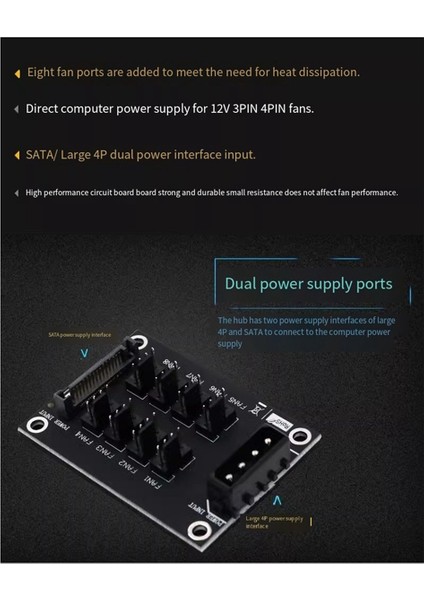 Evrensel 12V Bilgisayar Kasası Fan Hub Genişletme Kartı 8-Port Hub Çift Güç Bağlantı Noktası Giriş Fanı Hub Fan Adaptörü (Yurt Dışından)