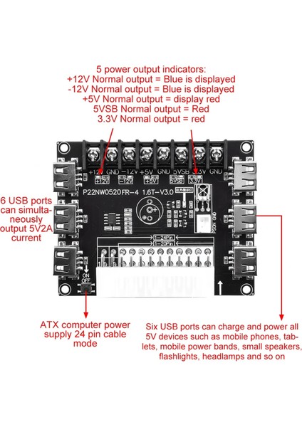 24 PIN/20PIN Atx Güç Kaynağı Kesme Panosu Modülü Adaptör Güç Konektörü Desteği 12V -12V 5V 5VSB 3.3V Kılıfsız (Yurt Dışından)