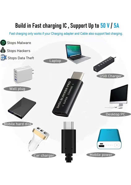 2pcs USB Type-C Veri Engelleyici Usb-C Juice Jak Adaptörü Desteği Hızlı Şarj (50V/5A) Veri Hırsızlığını Durdur (Siyah) (Yurt Dışından)