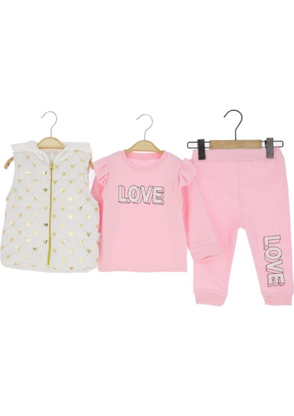 9/24 Ay Bebe Kız Takım 3'lü Yelekli Love Baskılı