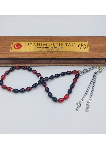Siyah Kırmızı Arpa Kesim Deniz Atı Alpaka Püsküllü Ateş Kehribar Tesbih