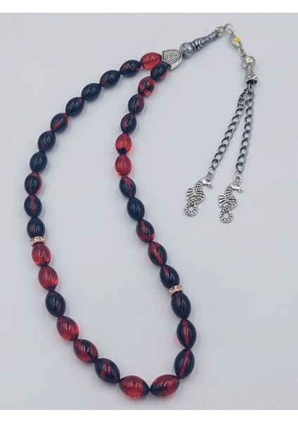 Siyah Kırmızı Arpa Kesim Deniz Atı Alpaka Püsküllü Ateş Kehribar Tesbih fiyatları