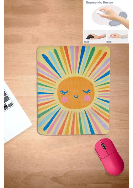 Sarı Güneş Temalı, Kare Şekli, Bilek Destekli Mouse Pad, Laptop Bilgisayar Aksesuarı