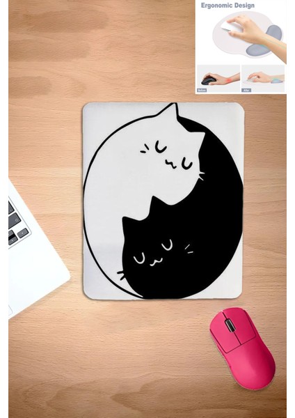 Siyah Beyaz Kediler, Kare, Desenli Mouse Pad, Bilek Destekli Ergonomik Dizayn, Laptop Aksesuarı