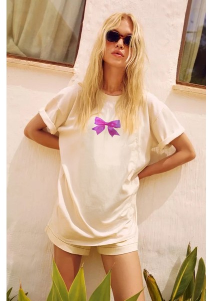 Fiyonk Tasarım Baskılı Beyaz Kadın T-Shirt