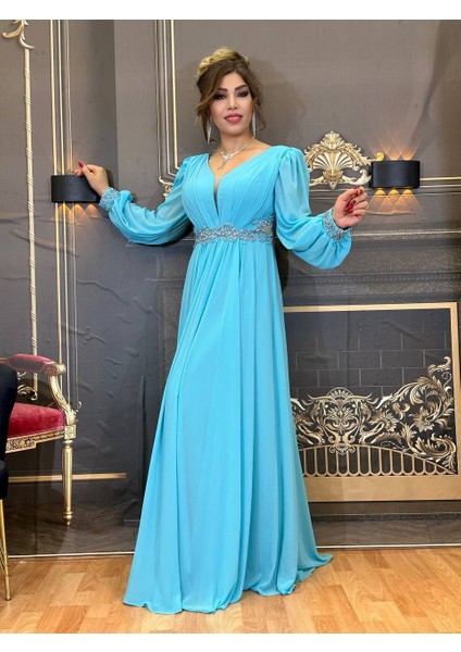 Abiye Elbise V Yaka Uzun Kollu Kloş Şifon Kumaş Yüksek Kalite Mavi modelleri