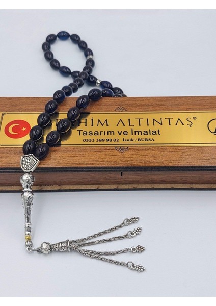 Siyah-Mavi Üzüm Salkımı Alpaka Püsküllü Arpa Kesim Ateş Kehribar Tesbih