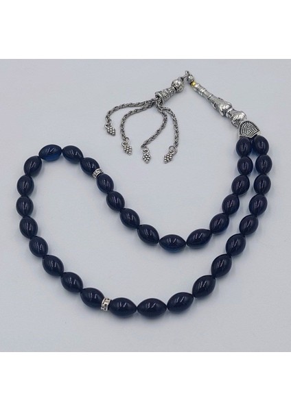 Siyah-Mavi Üzüm Salkımı Alpaka Püsküllü Arpa Kesim Ateş Kehribar Tesbih fiyatları