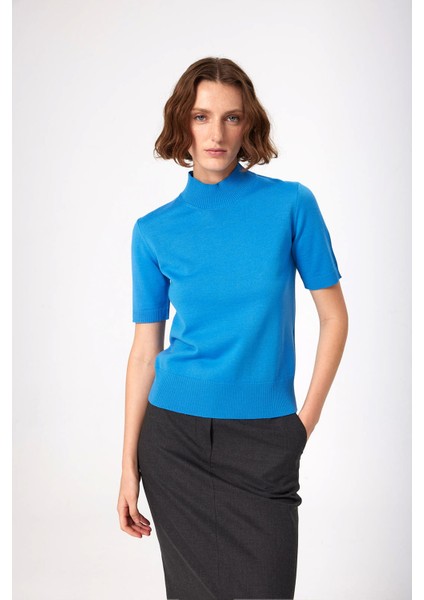 Mavi Yarım Balıkçı Yaka Kadın Kazak