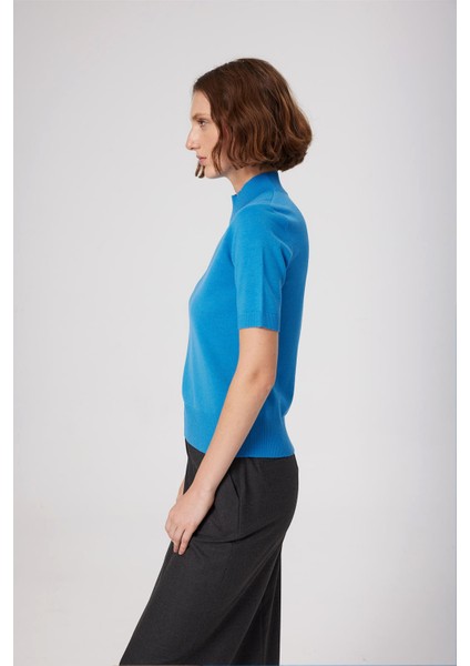 Mavi Yarım Balıkçı Yaka Kadın Kazak modelleri