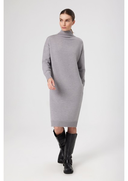 Gri Balıkçı Yaka Midi Boy Elbise