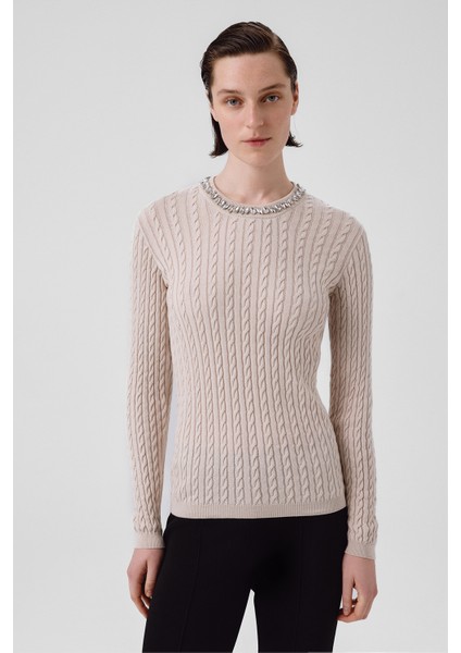 Açık Bej Yakası Taş Işlemeli Kadın Kazak fiyatları