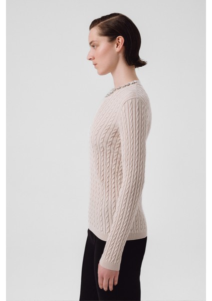 Açık Bej Yakası Taş Işlemeli Kadın Kazak fırsatları