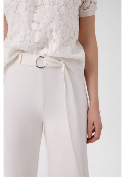 Ekru Kemer Detaylı Bol Paça Kadın Pantolon modelleri