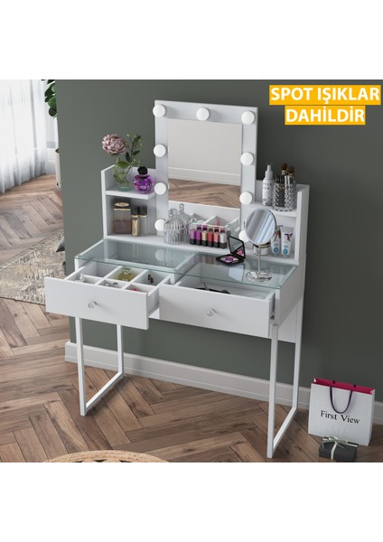 BJ145 Hollywood Işıklı Aynalı Kulis Makyaj Masası Cam Tablalı 2 Çekmeceli Takı Düzenleyici Beyaz