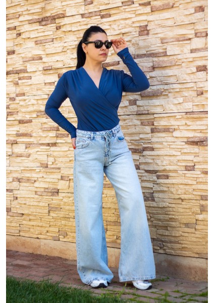 Kadın Mavi Kruvaze Kapamalı Sandy Kumaş Bluz 25KBLZ4058 modelleri