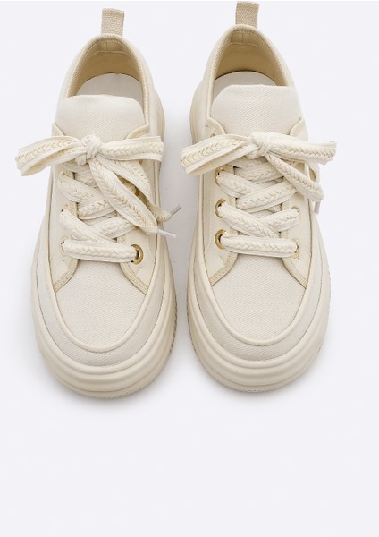 Kadın Yüksek Taban Sneaker Keten Kumaş Bağcıklı Spor Ayakkabı Hesna