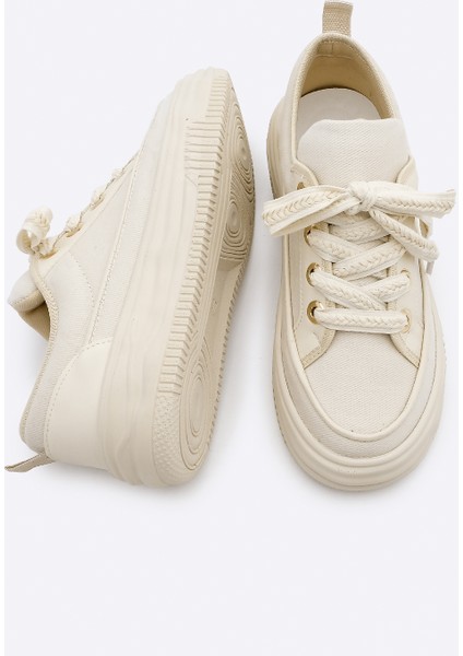 Kadın Yüksek Taban Sneaker Keten Kumaş Bağcıklı Spor Ayakkabı Hesna