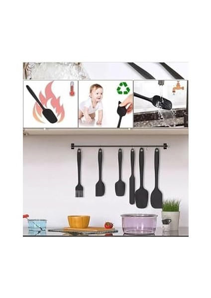 Drongo Isıya Dayanıklı Yanmaz Yapışmaz Silikon Spatula Seti 6 Parça Siyah modelleri