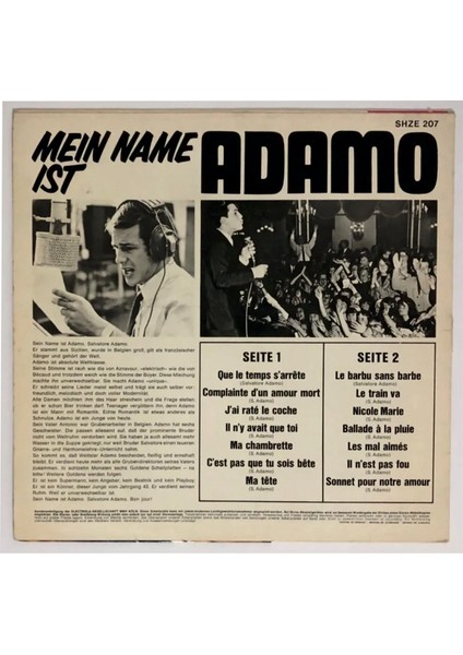 Adamo Mein Name Ist Adamo Lp Plak (Orjinal 1967 Alman Dönem Baskı)