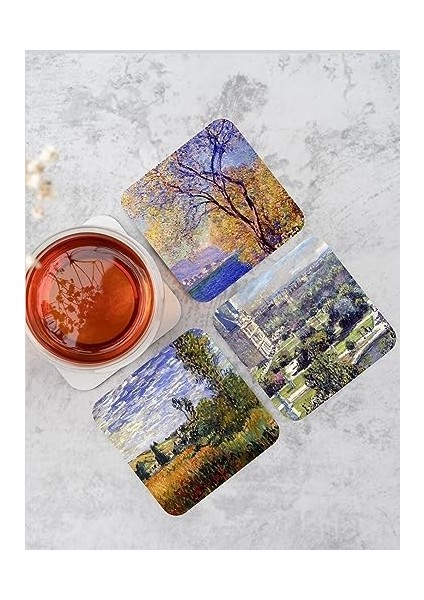 Claude Monet Temalı Ahşap Bardak Altlığı Ahşap Baskılı Altlık 6'lı Set (9 x 9 cm ) KARBONNM20