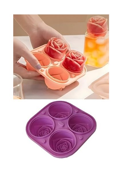 Gül Şekilli 4 Bölmeli Buz Kalıbı, Jöle ve Sunum İçin