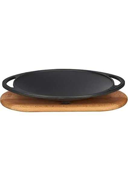 Döküm Saç Kavurma Tavası, Metal Kulplu ve Ahşap Altlıklı, 28CM, Siyah