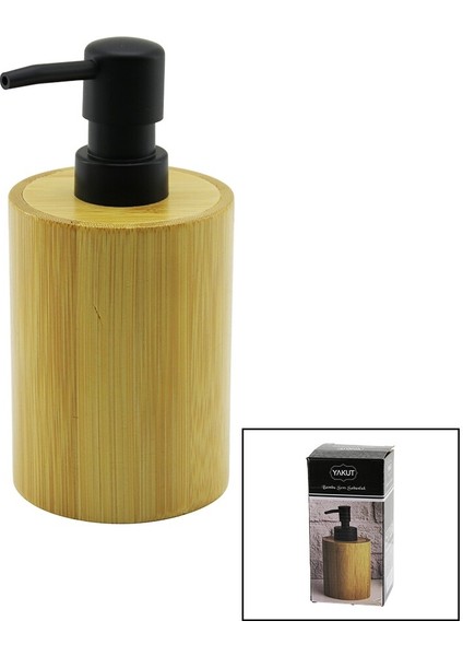 Yuvarlak Ahşap Bambu Sıvı Sabunluk Siyah Plastik Pompa Çap: 8 cm - Y: 11 cm