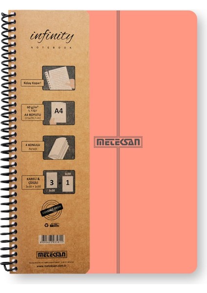 Infinity Pastel Serisi, A4, 4 Konulu (3 Kareli, 1 Çizgili) 120 Yaprak Pp Kapaklı Spiralli Defter, Pembe