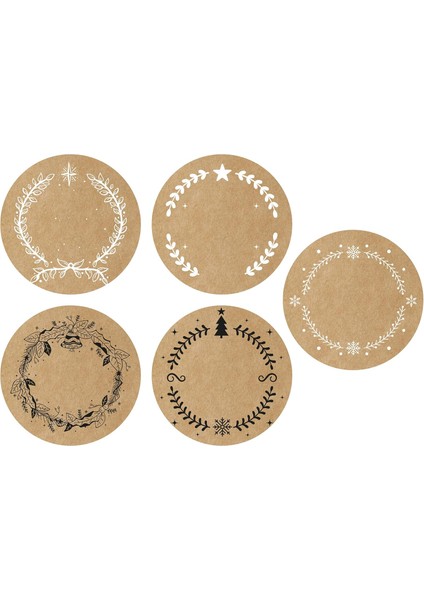 Yazılabilir Yılbaşı Sticker - Paketleme Etiketi - 80 Adet Kraft Görünümlü Etiket - 3.7 cm Çapında Hediye Paketleri Için 5 Farklı Tasarım