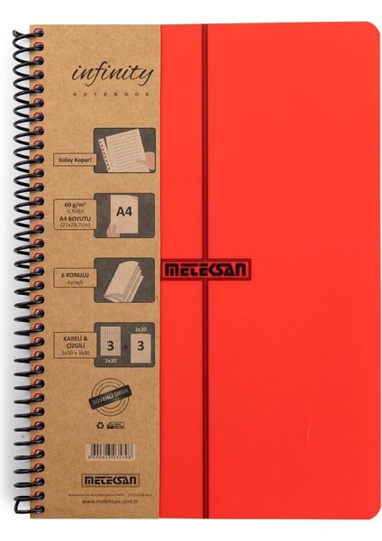 Infinity Primary Serisi, A4, 6 Konulu (3 Kareli, 3 Çizgili) 180 Yaprak Pp Kapaklı Spiralli Defter, Kırmızı