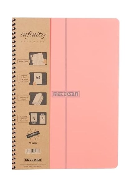 Infinity Pastel Serisi, A4, 6 Konulu (3 Kareli, 3 Çizgili) 180 Yaprak Pp Kapaklı Spiralli Defter, Pembe fiyatları