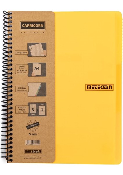 Capricorn Neon Serisi, A4, 7 Konulu (5 Kareli, 2 Çizgili) 210 Yaprak Pp Kapaklı Spiralli Defter, Turuncu