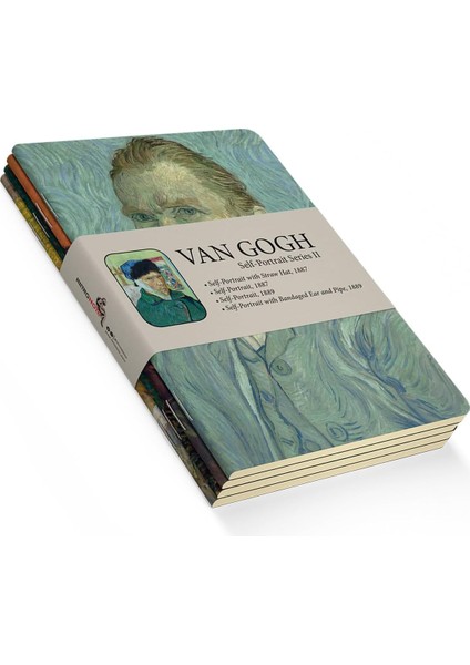 Self-Portrait Series Iı - A6, Van Gogh 4'lü Defter Seti V, Çizgisiz, Toplam 192 Sayfa, Her Biri 48 Sayfa, Tel Dikiş, Esnek Kapak, Oval Kenar, Tuval Doku, 60 Gram, Sarı Krem Renk