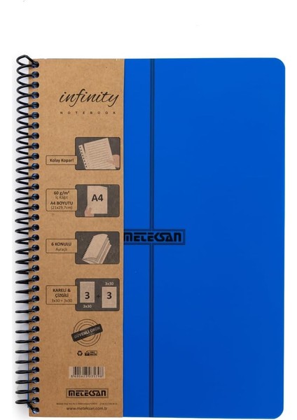 Infinity Primary Serisi, A4, 6 Konulu (3 Kareli, 3 Çizgili) 180 Yaprak Pp Kapaklı Spiralli Defter, Lacivert