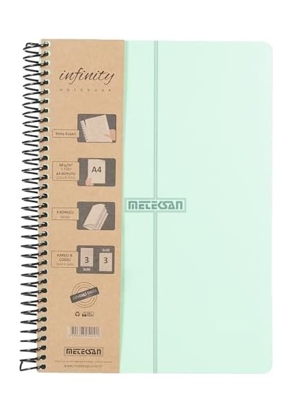 Infinity Pastel Serisi, A4, 6 Konulu (3 Kareli, 3 Çizgili) 180 Yaprak Pp Kapaklı Spiralli Defter, Yeşil