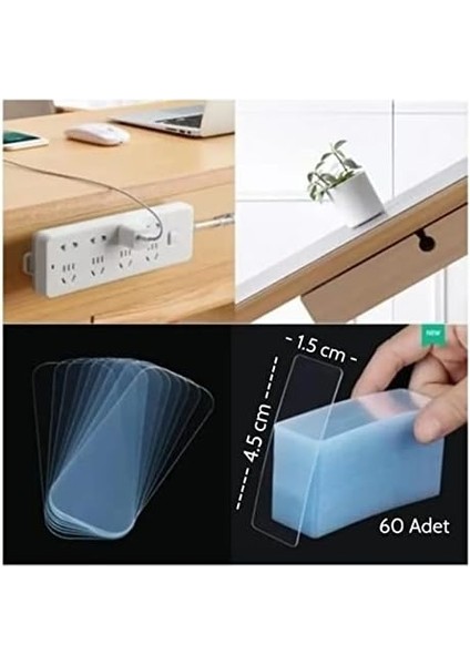 Çift Taraflı Şeffaf Bant Şeffaf Bant 60 Parça Kutulu Montaj Bandı Tekrar Kullanılabilir Çift Taraflı Bant (1,5 x 4,5 cm)