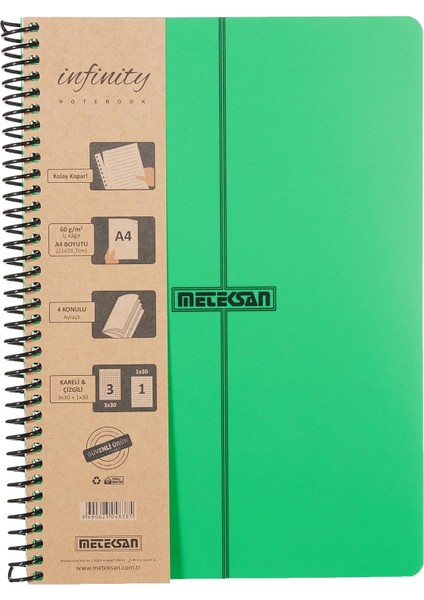 Infinity Primary Serisi, A4, 4 Konulu (3 Kareli, 1 Çizgili) 120 Yaprak Pp Kapaklı Spiralli Defter, Yeşil